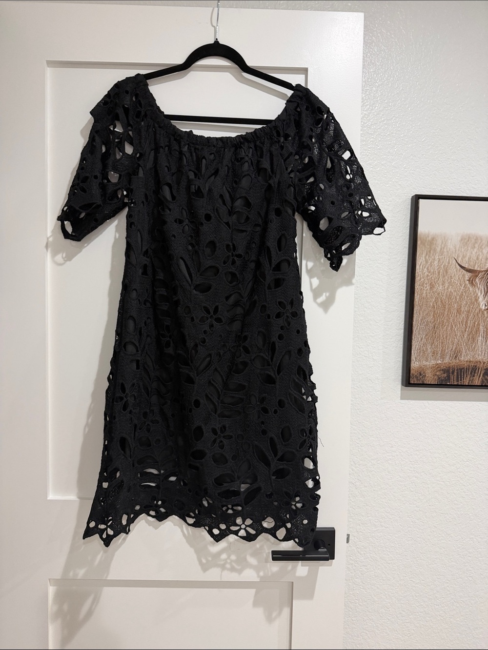 Black Off-Shoulder Eyelet Mini Dress